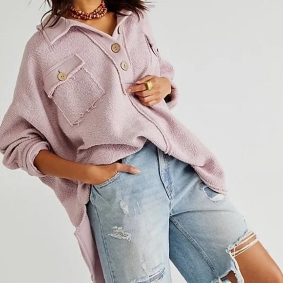 Free People Jackets & Blazers - Free People FP BEACH Rowan Oversized Pullover Henley Sweatshirt Top Size XS NEW
